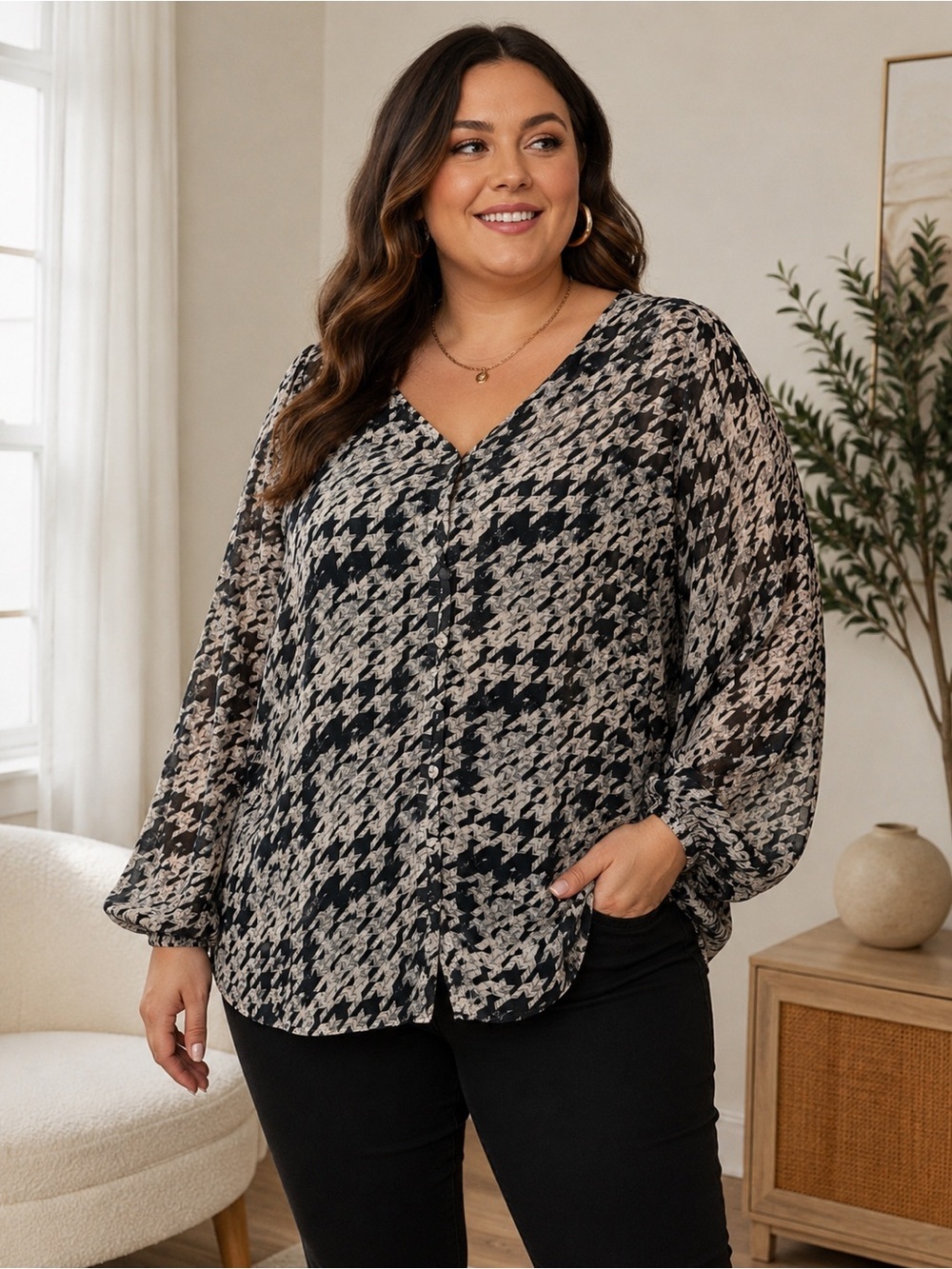 Haver London 1X Sheer Houndstooth Blouse Black Ivory Balloon Sleeve
